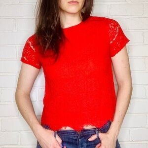 Scallop Hem Red Lace Crop Top Blouse Short Sleeve High Neck Top Women Medium